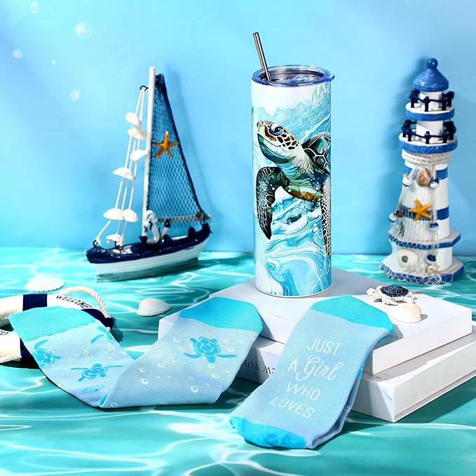Funnymoom 2 Pack Sea Turtle Themed Gifts Set Skinny Tumbler 20 oz Travel Coffee Mug Novelty Cute Animals Socks, Christmas Birthday Gifts for Sea Turtle Themed