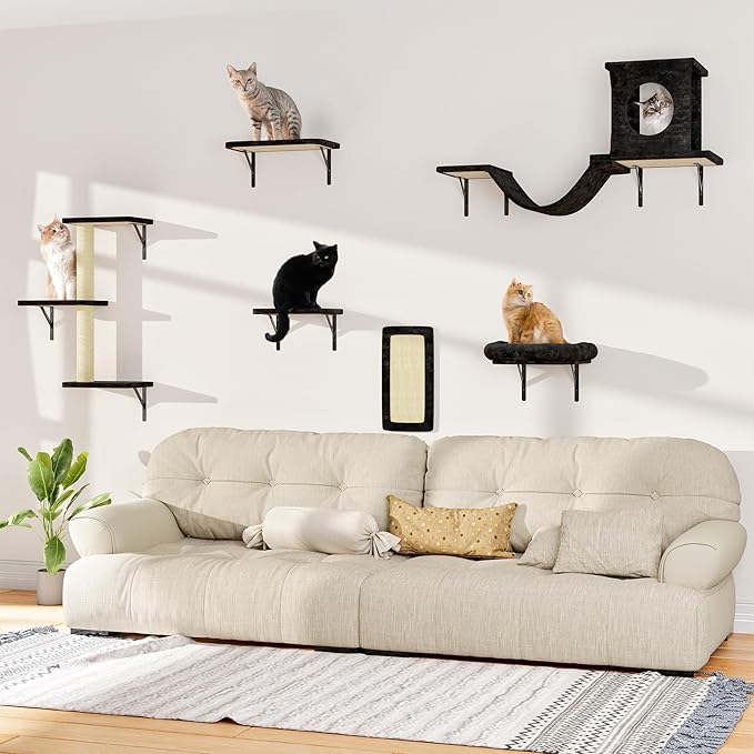 12-in-1 Cat Wall Shelves, Wall Mounted Cat Climber with Condo House, Scratching Post, Bridge Ladder, Space-Saving Indoor Play Furniture for Kittens, Black