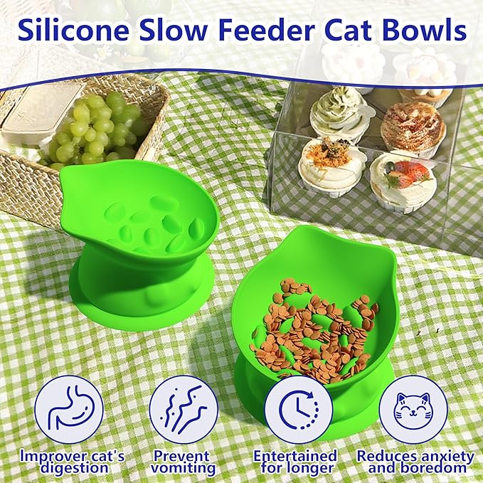 Slow Feed Cat Bowl, Elevated Cat Food Dish with Tilted Design, Dual-Use for Dry and Wet Food, Anti-Vomit, Anti-Choking, Easy to Clean