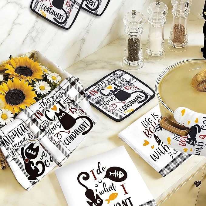 10 Pcs Black Cat Themed Kitchen Decor and Accessories - Sets 4 Kitchen Towels 2 Pot Holders 2 Oven Mitts 2 Rugs for Bathroom Cute Kitty Cooking Farmhome Housewarm Kitten Checkered Baking Gifts