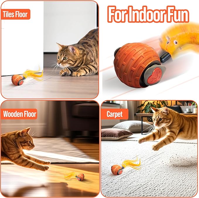 Interactive Cat Toy for Indoor Cats & Kittens – GlobalSun Speedy Tail 2.0 Motion Activated Automatic Cat Toy Ball – USB Rechargeable Moving Ball with 4 Tails Including Mouse for Enrichment