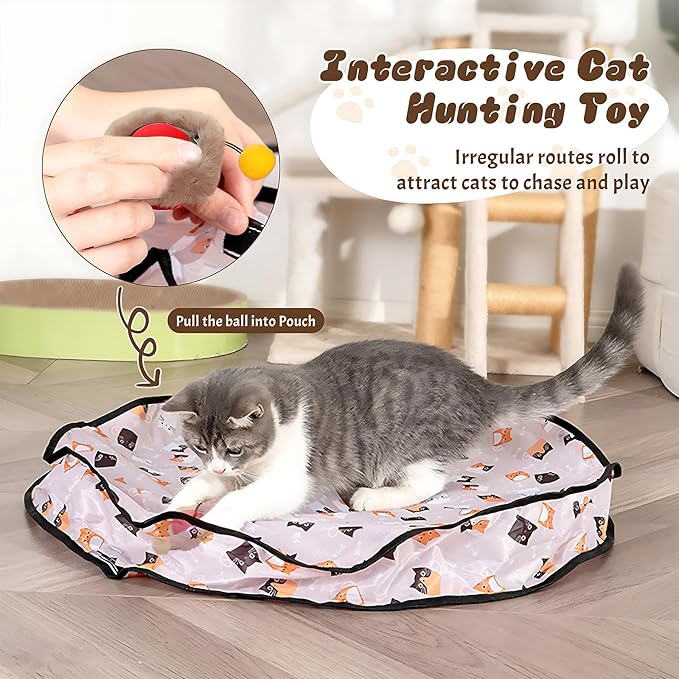 Interactive Cat Toys with Fast Rolling Cat Ball in Pouch, Rechargeable Smart Motion Hunting Toy, Activated Moving Ball Hide and Seek Exercise Game for Indoor Bored Cats Stress Relief