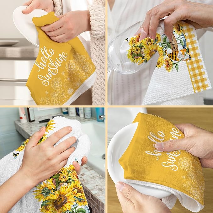 Hexagram Sunflower Kitchen Towels Set of 2, Sunflower Decor Gifts for Women, Funny Cute Housewarming Dish Hand Towels for Home Kitchen Decor