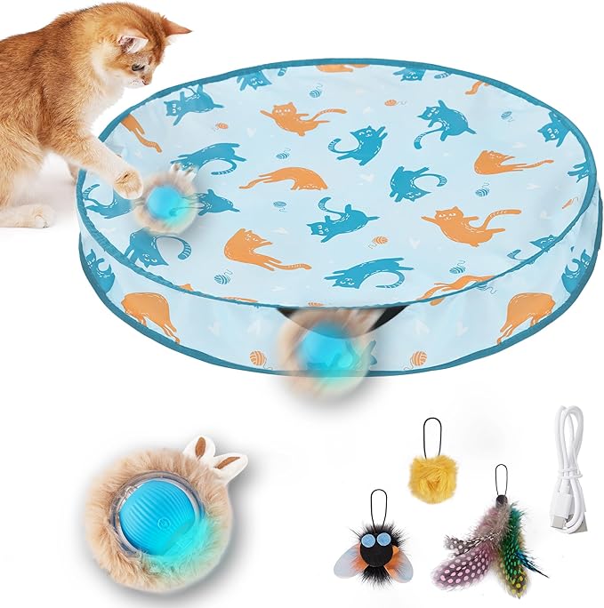 Interactive Cat Toy Ball, Hide and Seek Cat Toys in Play Mat, Moving Rolling Kitten Toys for Indoor Bored Cats, Motion Activated Rechargeable Kitty Toys with 3 Tails/LED Light/Bird Chirping