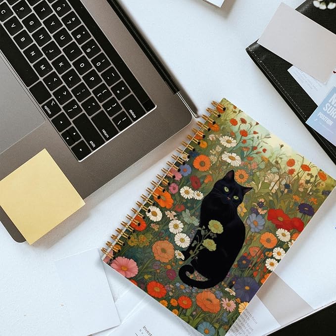 Wildflower Black Cat Notebook, Cats Lover Mom Lady Gifts, Black Kitten Floral Journal, Cat Office Supplies, Perfect Otebooks for School Officen 5.5x8.3 Inch