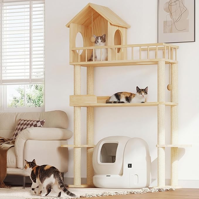 Wood Cat Tower for Automatic Litter Box, 60.2" H Tall Cat Tree for Self Cleaning Litter Box, Multi-Level Solid Wood Cat Tree Tower Cat Furniture w/Scratching Post, House, Burlywood