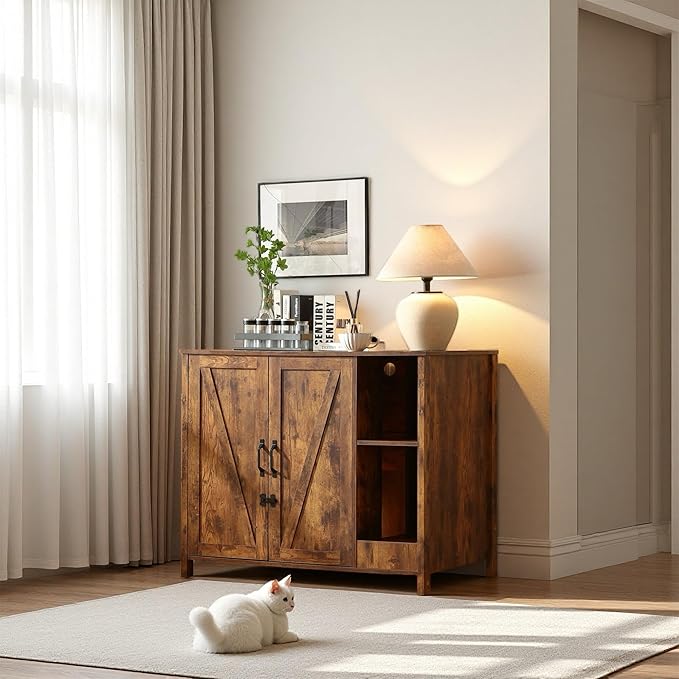 Litter Enclosure with Litter Collector, Litter Cabinet with Dog-Proof Adjustable Shelf, for Placing Cat Robot 3/4, Power Outlet(Rustic Brown)