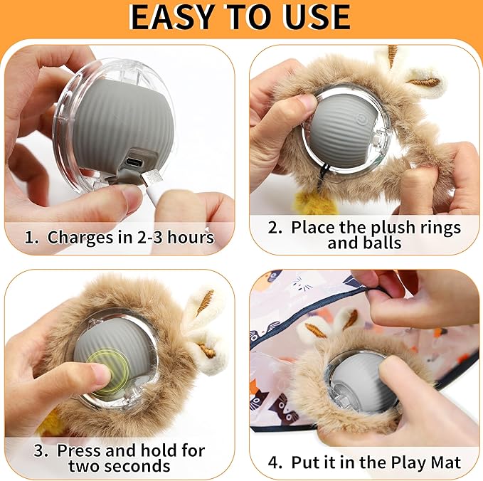 2 Packs Interactive Cat Toy Ball - Automatic Moving Cat Toys for Indoor Cats, USB-C Charging & Self-Rolling Hunting Game Toy with Quiet Motor, Fast Moving Ball in Cat Play Mat