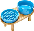 Ceramic Slow Feeder and Water Bowl Set for Medium and Large Dogs, 2.0 Cups Dog Slow Feeder(30oz) and 70oz Water Bowl Set, 8in, Baby Blue