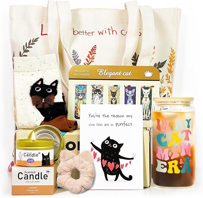Cat Lover Gifts For Women, Cat Mom Gifts, Cat's Themed Box For Crazy Cats Lady, Mothers Day Gift For daughter, Christmas Birthday Gift For Cats Lovers Bestfriend Coworke Daughter with 16 oz Glass Cup