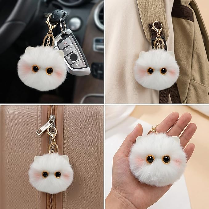 Cute White Cat Plush Keychain - Kawaii Snow Cat Pom Pom Bag Charm, Soft Keychain for Backpack Purse, Birthday Gift for Women Girls