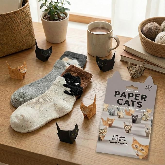 Cat Origami Kit with Socks - 50 Sheets 3D Paper Cat Craft Set, 2 Pairs Novelty Socks, Gift for Cat Lovers
