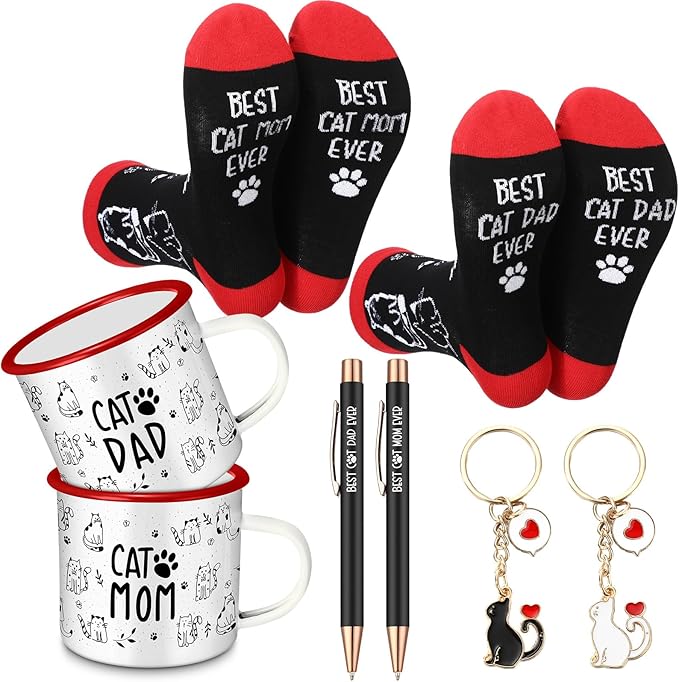 8 Pcs Cat Lover Gift Set Cat Mom and Dad Parent Gift with Mugs Socks Pens Keychains for Men Women Birthday Christmas
