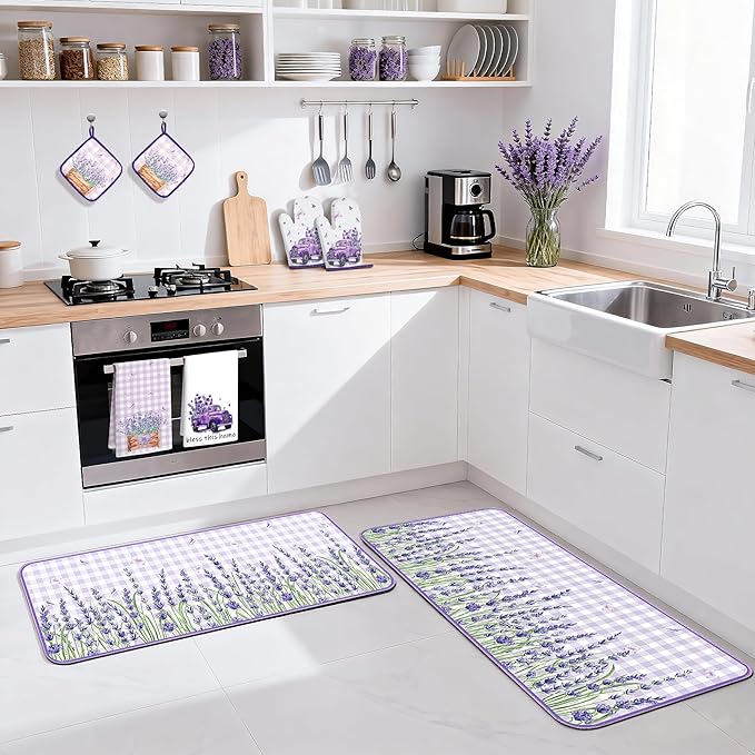 10 Pcs Farmhouse Lavender Kitchen Decor and Accessories Set 4 Kitchen Towels 2 Pot Holders 2 Oven Mitts 2 Rugs for Cooking Baking Mom Housewarming Gifts(Purple,Lavender)