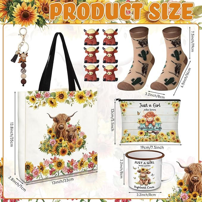 Highland Cow Lover Gifts for Women Birthday Gifts Baskets Set Include Canvas Tote Bag, Makeup Bag, Socks, Keychain, Enamel Mug, Small Figurines for Mom, Wife, Sister, Friend