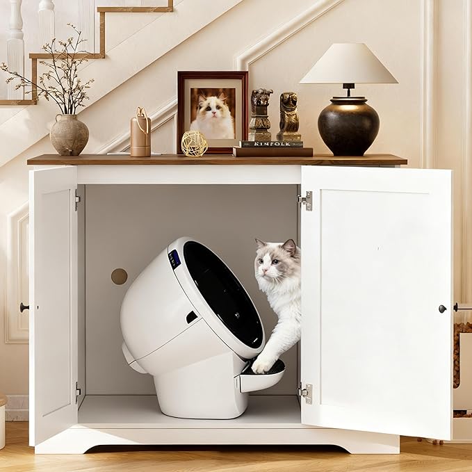 KCRET Cat Litter Enclosure with Litter Collector, Furniture for Self-Cleaning Litter Box, Large Hidden Litter Box Furniture with Charging Station Wooden Cat House