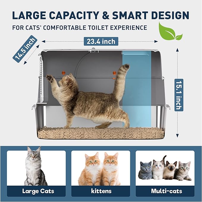 Stainless Steel Cat Litter Box - Gray High-Sided Enclosed Design, Anti-Leak, Reduces-Odors, Non-Sticky, Easy to Clean, Metal Cat Litter Box, High Side Includes Scoop and Steps, Large Capacity