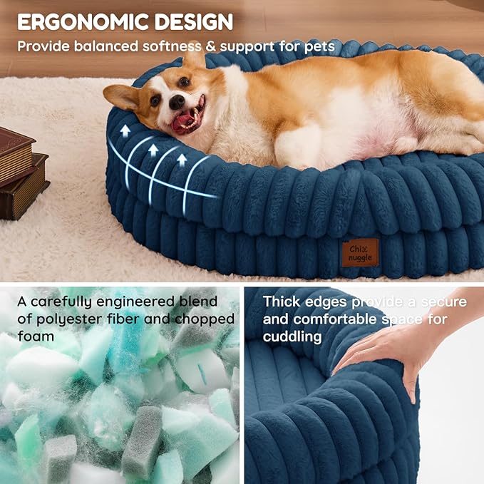 ChiXnuggle Dog Bed Large Sized Dog - Luxury Striped Faux Fur Waterproof Pet Couch with Removable Washable Cover, Orthopedic Pet Bed with Bolster Sides for Sleeping, Midnight Blue