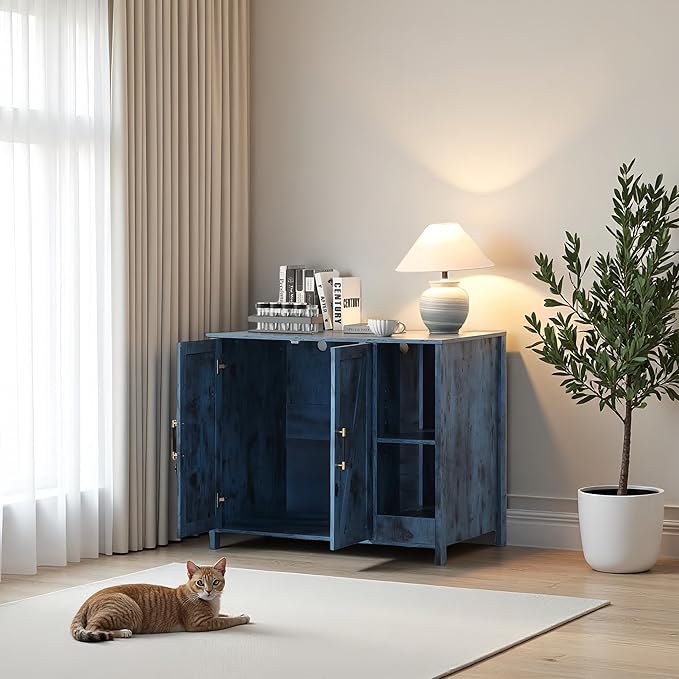 Cat Litter Box Cabinet with Litter Collector and a Dog-Proof Adjustable Shelf,Litter Box Enclosure Compatible with Cat Robot 3 & 4, and Integrated Power Outlet (Blue)