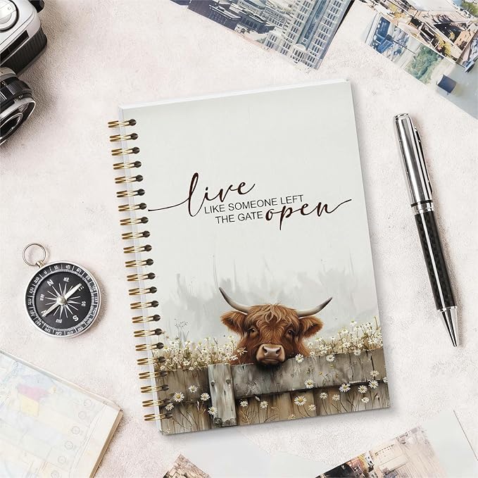Highland Cows Spiral Notebook, Motivational Gifts for Cow Lover Women Men, Live Like Someone Left the Gate Open, 5.5x8.3 Inch - A20
