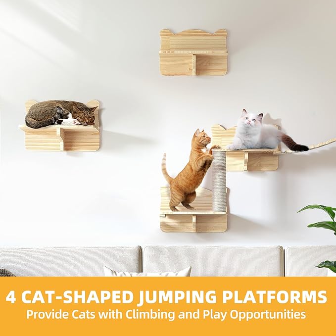 18-in-1 Cat Wall Shelves, Solid Wood Cat Furniture for Wall, Floating Cats Wall Shelves Set, Multi-Level Cat Climbing Wall Systems with Scratching Post & Tunnel, Floor Space-Saving, Burlywood