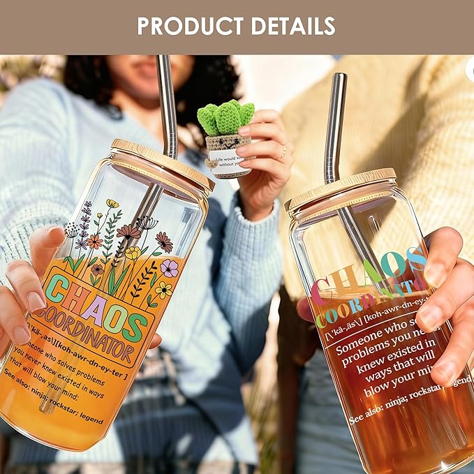 Joeyan Glass Cup with Lid and Straw - 20oz Iced Coffee Cup, Chaos Coordinator & Boho Floral Glass Tumbler, Aesthetic Drinking Glasses for Smoothie Boba Tea, Gift for Mom, Boss, Teacher, Coworker
