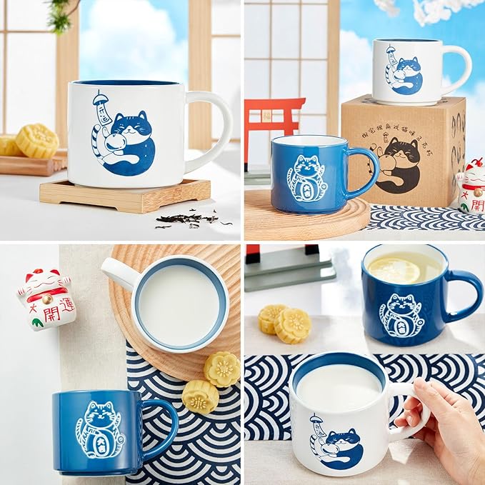 Cute Coffee Mugs Hand Painted, Food Safety, Japanse White Cat Mug 16oz large, Dishwasher & Microwave Safe Daily Office and Home