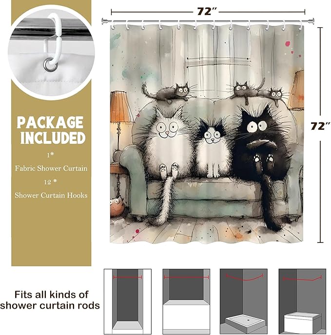 Kawaii Cartoon Cat Shower Curtains,Cute Cat Bathroom Decor for Kids Women,Funny Waterproof Polyester Bath Curtains for Home Decor,72x72 Inch