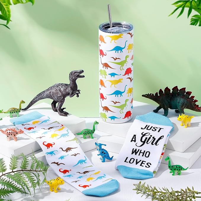 Funnymoom 2 Pack Cute Dinosaur Gifts Set Skinny Tumbler 20 oz Travel Coffee Mug Novelty Cute Animals Socks, Christmas Birthday Party Gifts for Dinosaur Themed