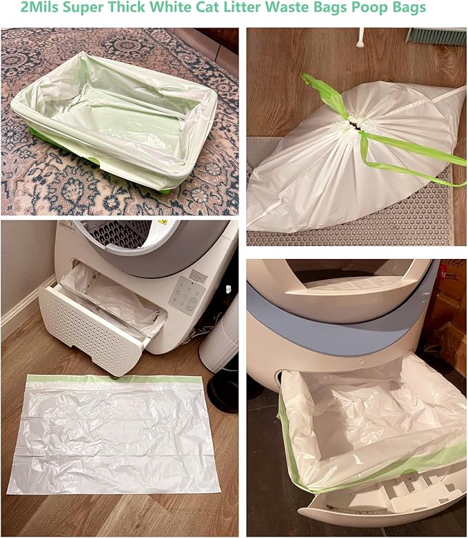 100 Count Cat Drawstring Litter Box Liners 26.6x16.7 inches 2Mils Super Thick for the litter robot 4, 3 Cat Litter Pan Trays (Blue Drawstring 100 count)