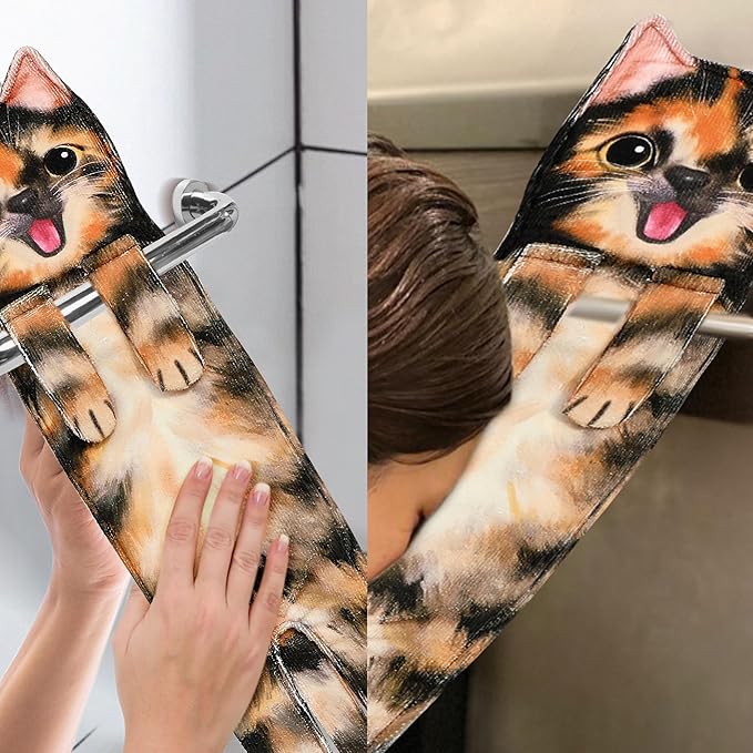 Funny Hand Towels for Bathroom Kitchen Decor - Cute Cat Hanging Hand Towel Kitchen Gadgets - Unique Housewarming Birthday Christmas Cat Lover Gift Ideas for Women Mom Lady Adults
