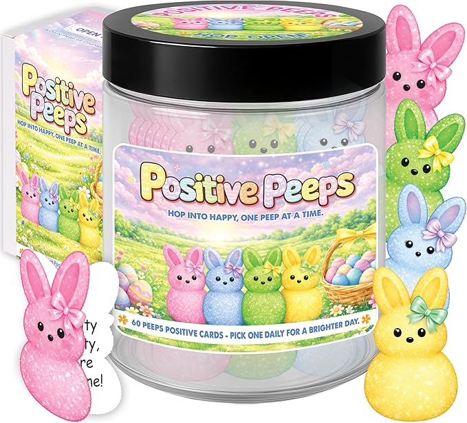 Positive Peeps Jar - 60 Affirmation Cards for Easter Decorations, Easter Gifts For Kids, Women, Teens, Toddlers, Spring Home Decor, Easter Basket Stuffers For Toddler, Kids, Teens
