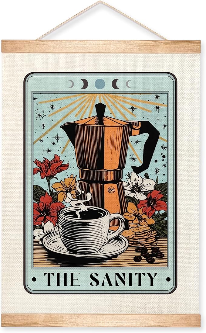 HEYJEEPER The Sanity Tarot Card Wall Art, 14x18inch Vintage CoffeePot and Floral Linen Poster,Boho Wall Hanging Decor for Kichen,Coffee Bar,Cafe Shop,or Office,Coffee Lovers Gift(The sanity)