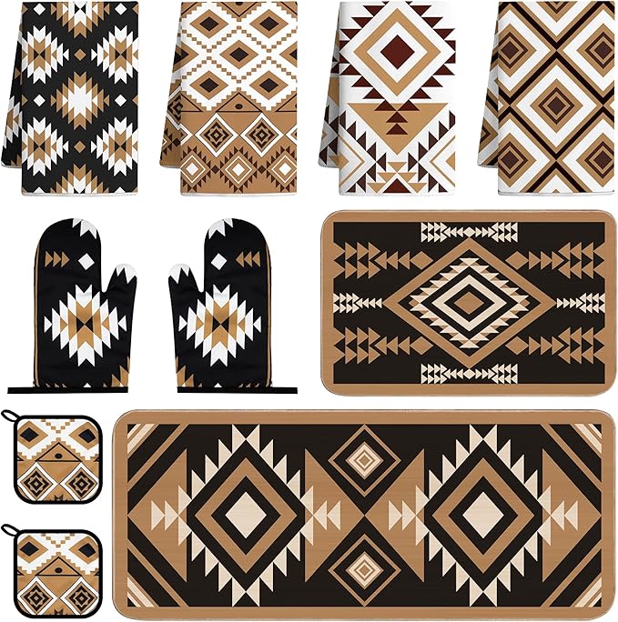 10 Pcs Western Aztec Kitchen Decor and Accessories Set 4 Kitchen Dish Towels 2 Pot Holders 2 Oven Mitts 2 Rugs for Floor Home Decorations Cooking Baking Mom Daughter Gifts Black White Brown