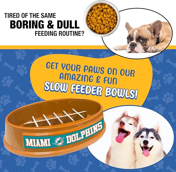 NFL Super-Bowl - Miami Dolphins Slow Feeder Dog Bowl. Football Design Slow Feeding Cat Bowl for Healthy Digestion. Non-Slip Pet Bowl for Large & Small Dogs & Cats