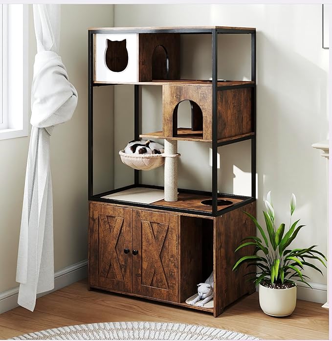 GUTINNEEN All-in-One Cat Litter Box Enclosure Hidden Litter Box Furniture with Cat Tree, Scratching Post, Cozy Cat Cave, Hanging Hammock, Storage Cabinet, Durable & Space-Saving (Brown)