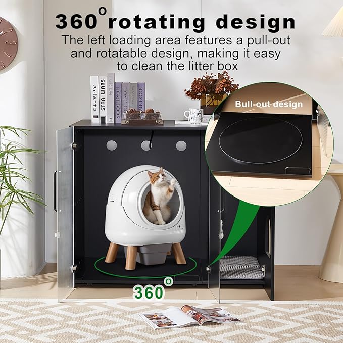 Cat Litter Box Enclosure - Dog Proof Cat Litter Box with Pull-Out, Rotating Features, Includes Power Outlet and Acrylic Wave-Patterned Door Panels with Lock,Elegant Black