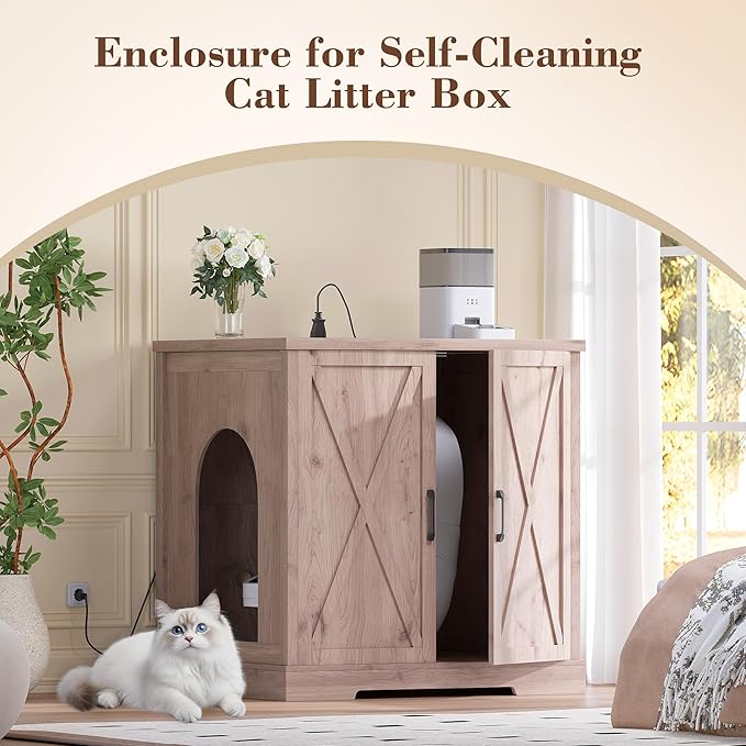Heybly 34.5" Litter Box Enclosure,Large Robot Cabinet with Charging Station,Wooden Cat Litter Box Enclosure Furniture for Self-Cleaning Robot 3 & 4,Hidden for Smart Litter Box Size,Greige HCLB004SG