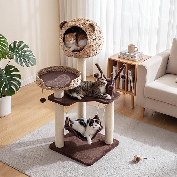 Tangkula Modern Cat Tree Tower, Multi-Level Tall Activity Center with Natural Sisal Scratching Posts, Hammock, Hand-Made Cattail Cute Condo with Funny Toy Balls (Brown)