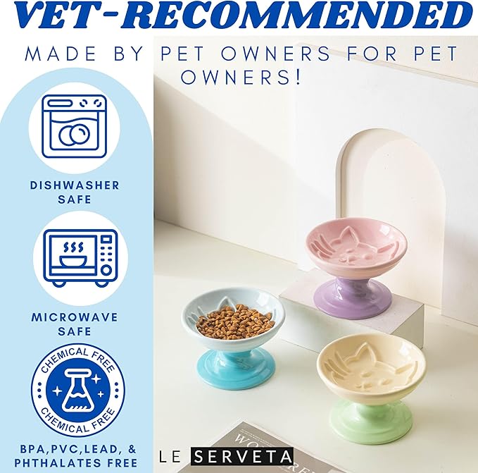 Elevated Twisting Design Cat Food Slow Feeder, Ceramic Raised Cat Dishes with Decorative Twisting Design Stand, Macaron Colors, Slow Feed Design (Blue)