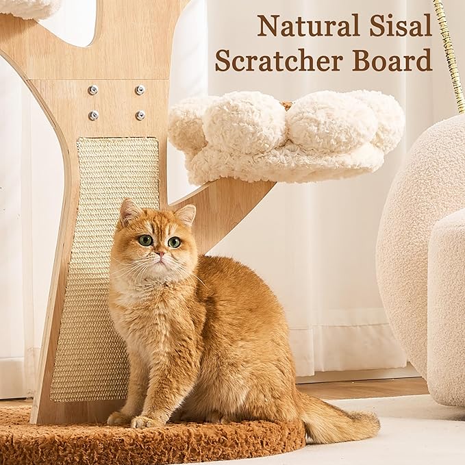 HITTITE Flower Cat Tree with Scratching Post, 48 Inches Cute Cat Tower with Wooden Branch Design, Aesthetic Modern Cat Climbing Tower with Flower Perches and Hanging Toy for Indoor Cats Large Adult.