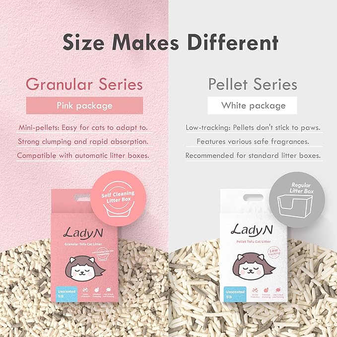 Lady N Pellet Tofu Cat Litter, Strong Clumping, Dust-Free Low-Track Water-Soluble, Natural Ingredients, Enviro-probiotic and Activated Carbon for Odor Control 18lb Yosemite Woody Scent + Unscented