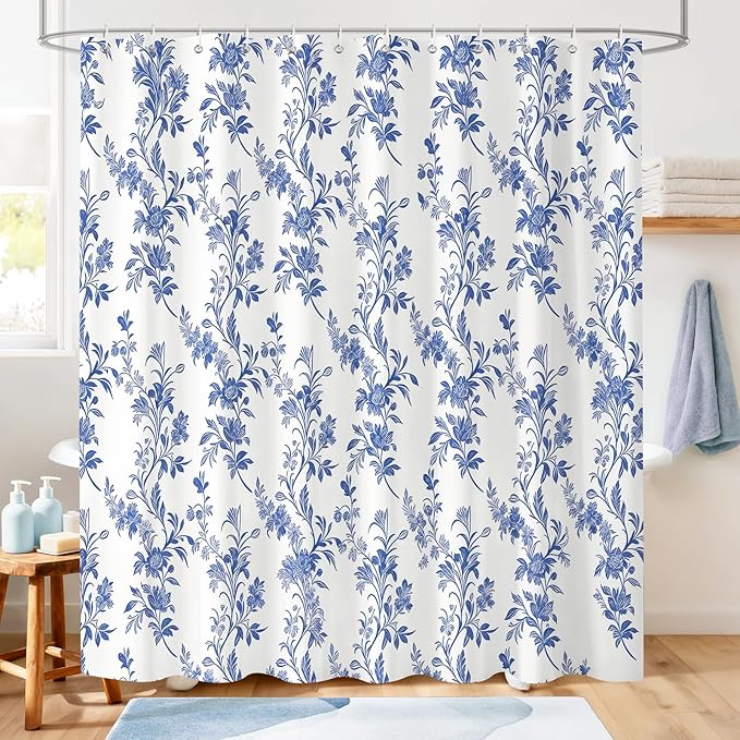 Blue Floral Shower Curtain,Vintage Wildflower Botanical Print Waterproof Polyester Fabric Bath Curtain,Spring Summer Bathroom Decor with 12 Hooks,72x72 Inch