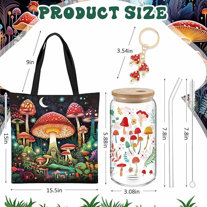Paterr 4 Pcs Mushroom Gifts for Women Mushroom Lover Gift for Mother's Day Birthday Decorations, with Canvas Tote Bag 16oz Glass Coffee Cup with Straw Socks Cute Keychain