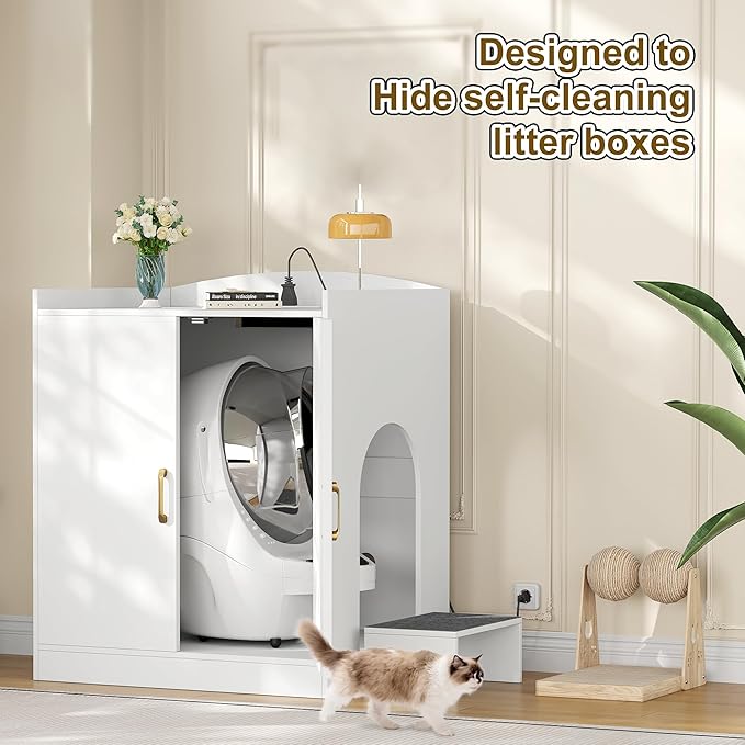 Hey-brother Cat Litter Box Enclosure, Large Hidden Litter Box Furniture with Charging Station, Suitable for Automatic/Self-Cleaning Cats Litter Boxes and Robot, Modern, White JCLB005WT