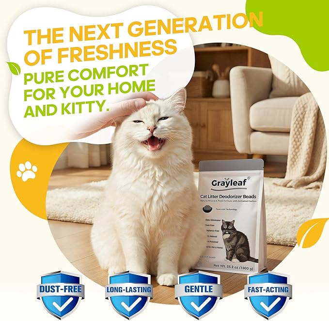 Grayleaf® 35.2oz (1kg) Value Size Cat Litter Deodorizer — Unscented Odor Eliminator — High-Efficiency Additive Keeps Litter Dry & Fresh — Dust-Free, Baking Soda Free