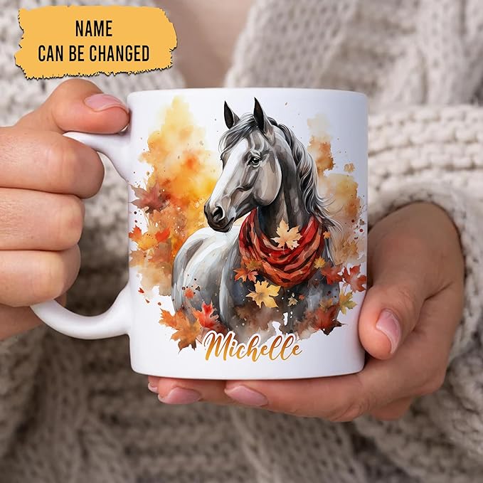 Hyturtle Personalized Fall Horse Maple Leaves Coffee Mug - Birthday Gifts For Horse Lovers - Fall Autumn Decor Gifts For Farmhouse Thanksgiving - Custom Name 11oz White Ceramic Coffee Tea Mug
