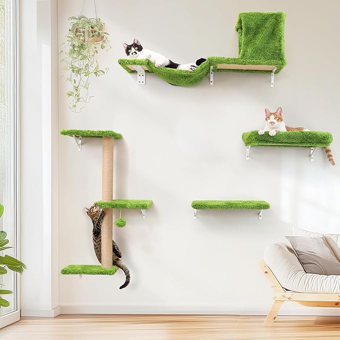 FUKUMARU Cat Wall Shelves, Stable & Safe 4 in 1 Cat Walls Furniture Set, Wooden Kitten Climbing Wall with Scratching Post for 16 Inch Drywall - Green