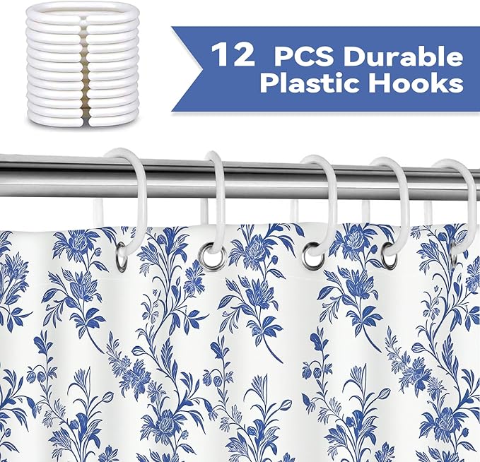 Blue Floral Shower Curtain,Vintage Wildflower Botanical Print Waterproof Polyester Fabric Bath Curtain,Spring Summer Bathroom Decor with 12 Hooks,72x72 Inch