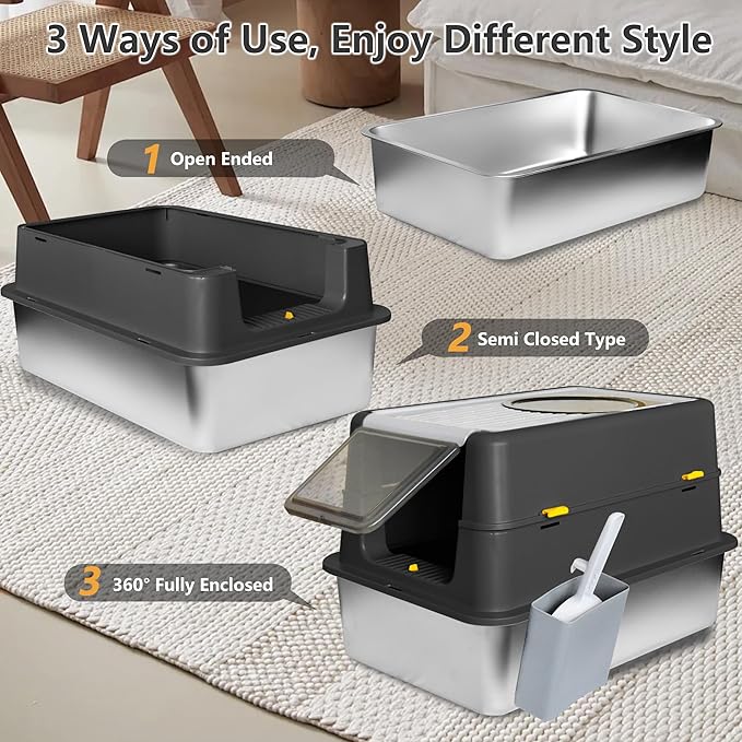 Ultimate Stainless Steel Litter Box with Lid - XL Enclosed Anti-Leak Design for Big Cats, Non-Stick Easy Clean Metal Litter Box System with Scoop Set, High-Sided Urine Protection, Sleek Black